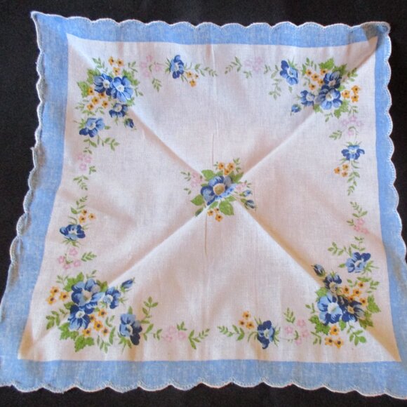 Vtg 11" Blue, Yellow, Pink & Green Floral Accent Handkerchief w/Blue Border - Picture 2 of 2